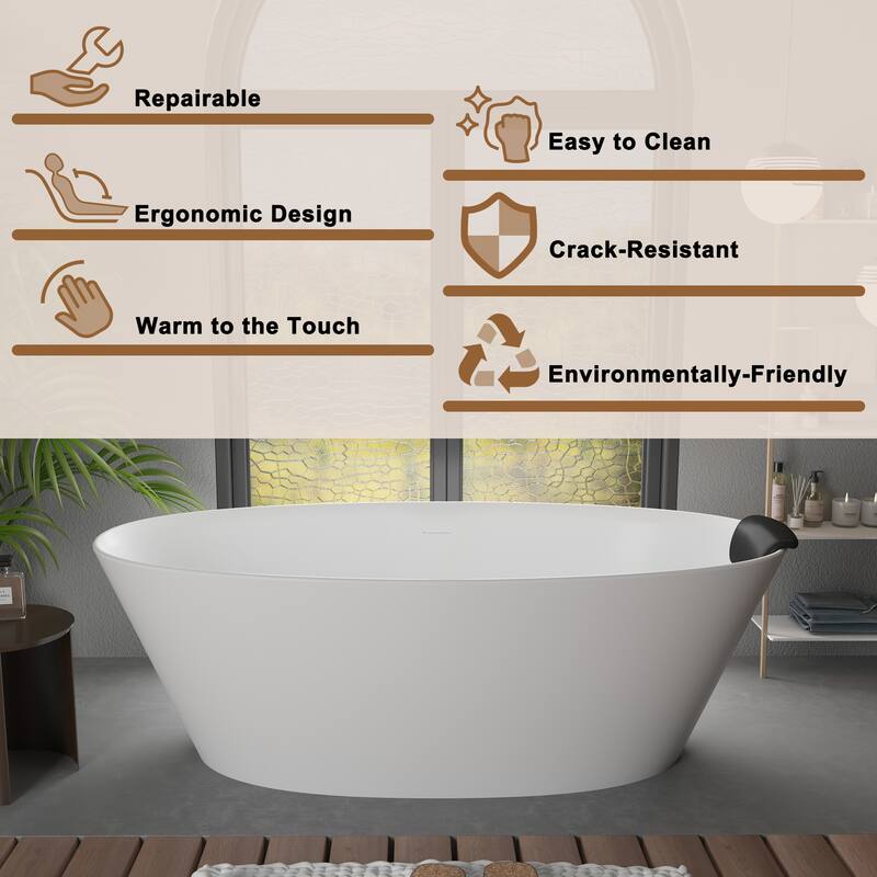CASAINC 67" Resin Stone Solid Surface Soaking Stand Alone Bathtub Freestanding Bathtub in Matte White - 67 inch