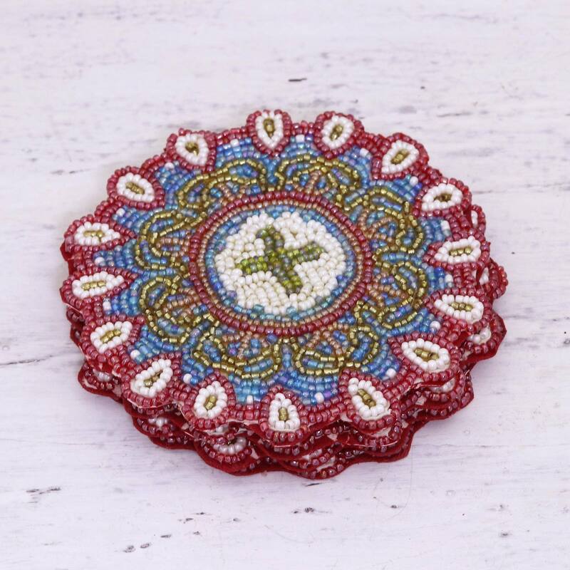 NOVICA Artisan Handblown Glass Beaded Coaster From India Multicolor Floral Barware 'Floral Brilliance' (Set of 4)