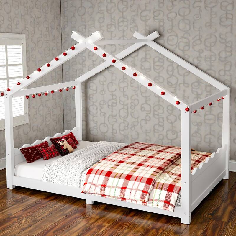 Kids Solid Wood House Floor Bed with Support Slats, Montessori Low Profile Bed, No Box Spring Needed