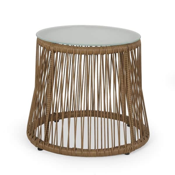 slide 2 of 8, Russell Outdoor Wicker Side Table with Glass Top by Christopher Knight Home - 18.75" L x 18.75" W x 16.25" H Light Brown