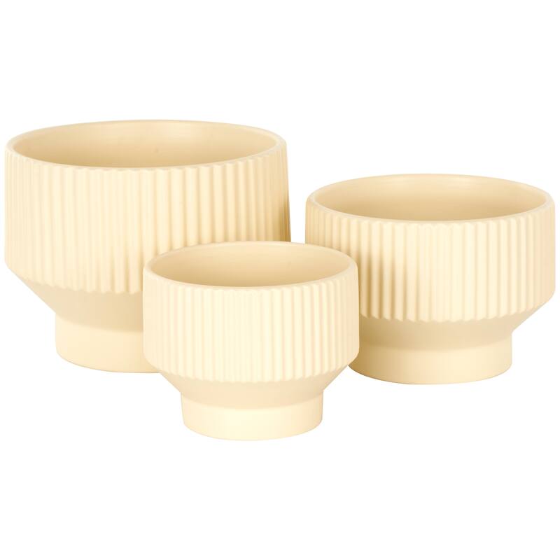 Green, Cream or White Ceramic Wide Planter with Linear Grooves and Tapered Bases (Set of 3)