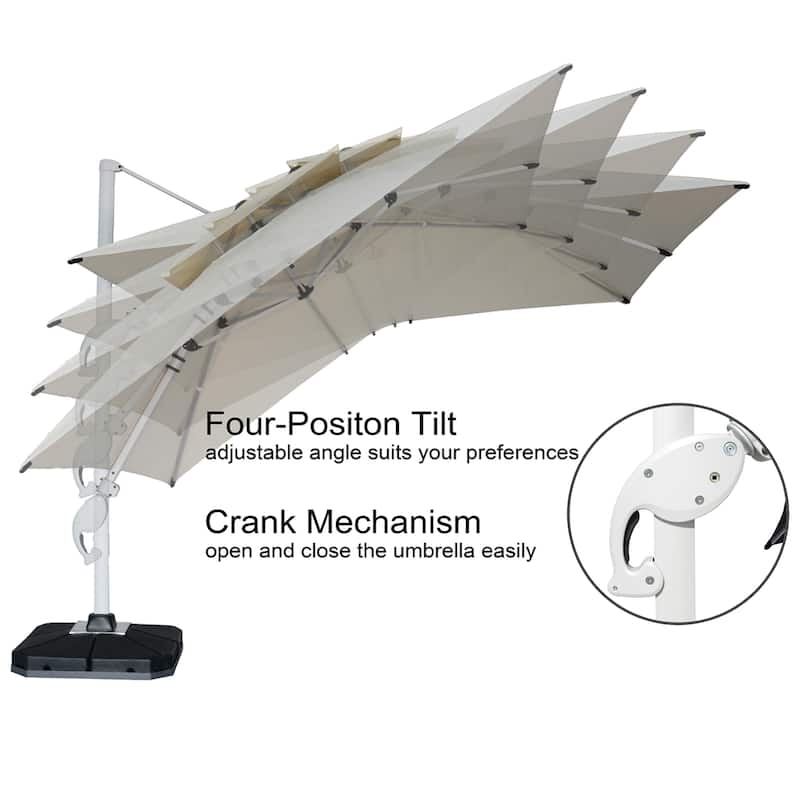 9 x 11 FT Outdoor Dual Top Solar Powered LED Aluminum Patio Cantilever Umbrella and Weighted Base