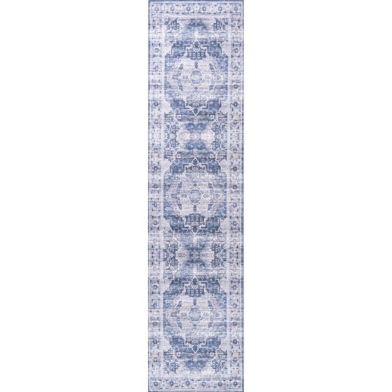 JONATHAN Y Dalyan Ornate Medallion Machine Washable Area Rug - 2 X 8 - Navy/Cream