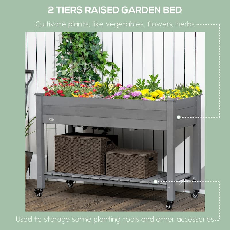 Outsunny 47" x 21" Raised Garden Bed Elevated Wooden Planter Box w/ Lockable Wheels, Storage Shelf and Bed Liner for Backyard