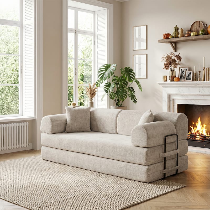 Convertible Sleeper Sofa Bed with Cylindrical Pillow, Corduroy Folding Mattress Couch, Floor Sofa Lounge Couch for Bedroom - Light Camel