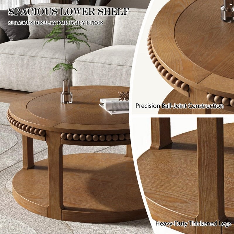 Round Solid Wood Coffee Table, Two-Tier Design with Sturdy Construction for Living Room Elegance