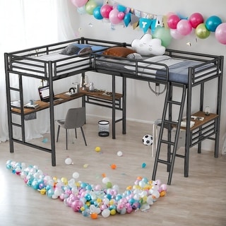 Metal 2 Beds In 1 Twin Size Loft Bed With Two Built-in Desks,Solid Construction
