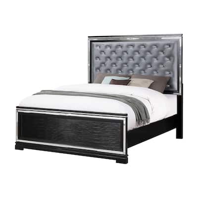 Axl California King Bed, Tufted Headboard, Silver Velvet Upholstery, Black