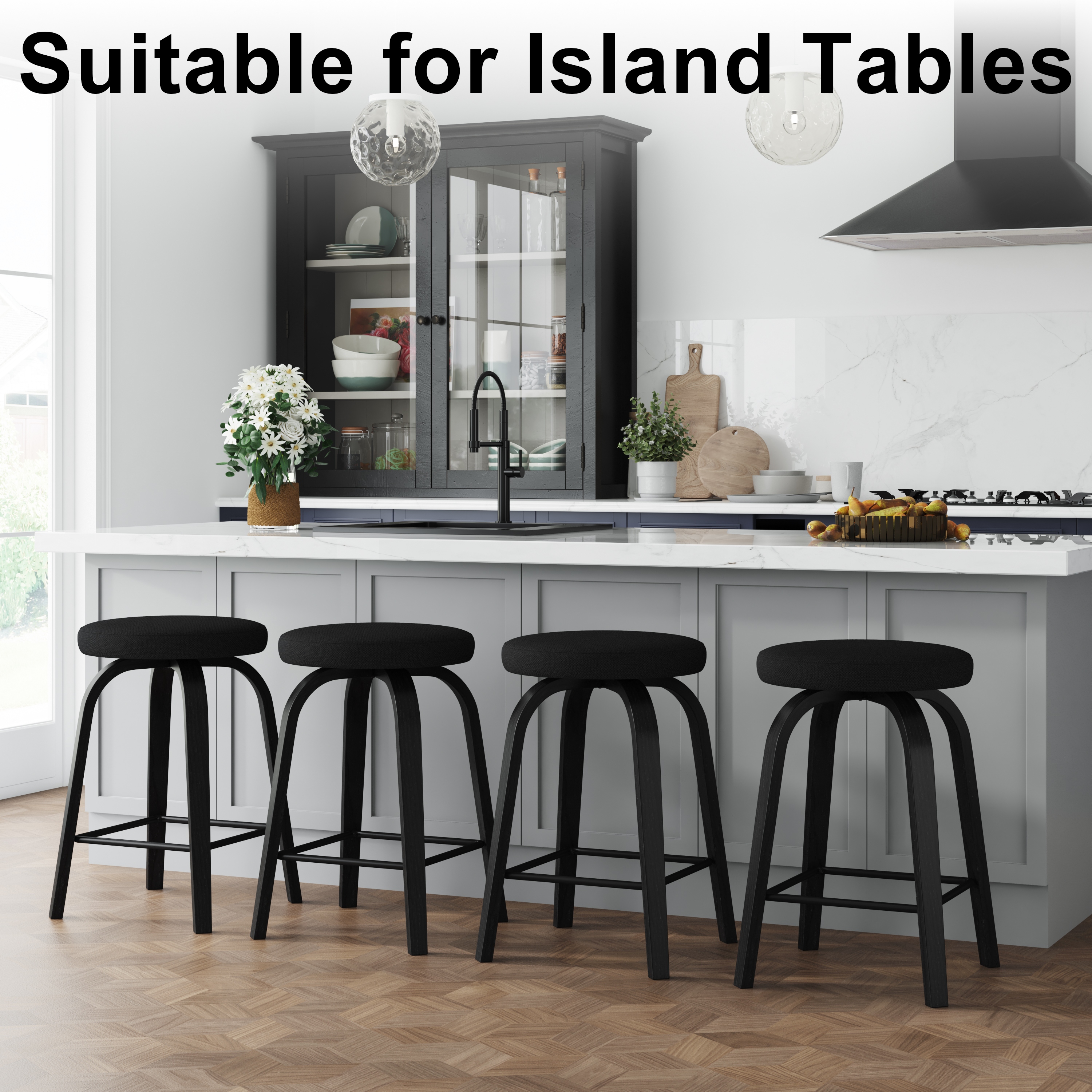 Swivel Bar Stools Set of 2, Counter Height Backless 26″Bar Stools, Fabric Upholstered Seat, Sturdy Wood Legs and Metal Footrest