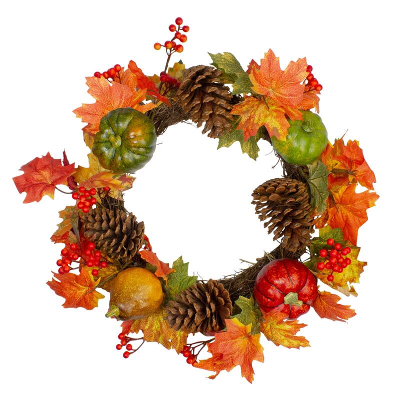 Leaves Pine Cones Pumpkins Artificial Fall Harvest Wreath - 20" Unlit