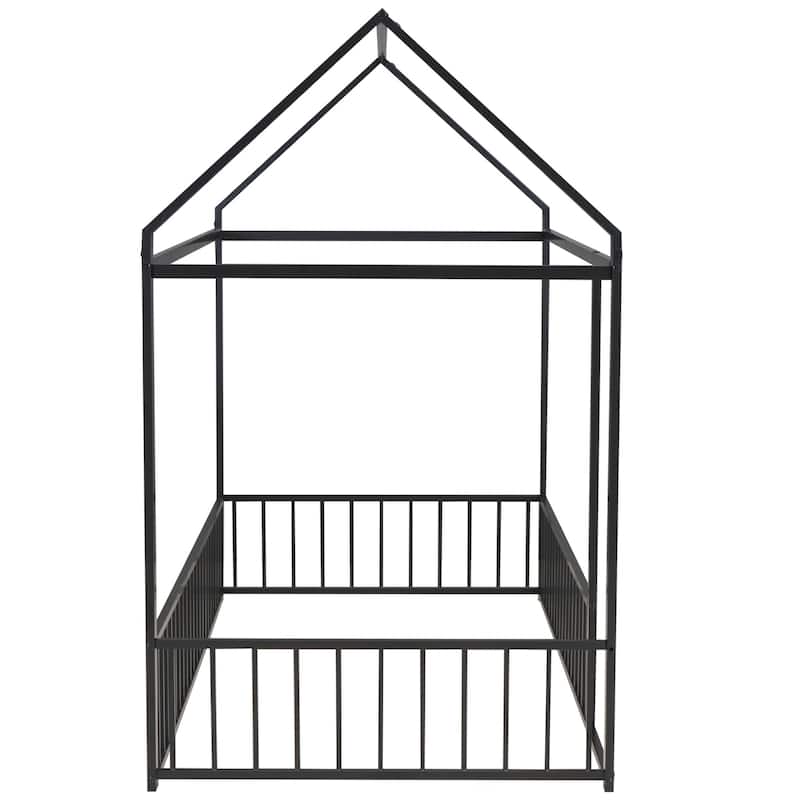 Twin Size Metal Bed House Bed Frame with Fence, for Kids, Teens, Girls, Boys