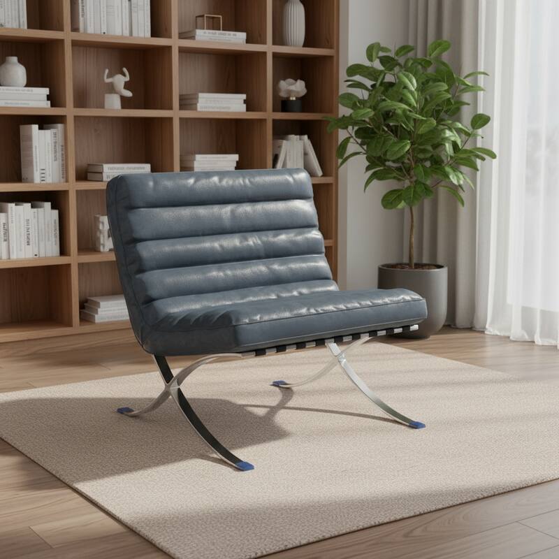 HomeRoots 29" Blue and Silver Tufted Leather and Upholstered Folding Lounge Chair - 29.30 in. x 28.00 in. x 29.30 in. - 29.30 in. x 28.00 in.  x 29.30 in.