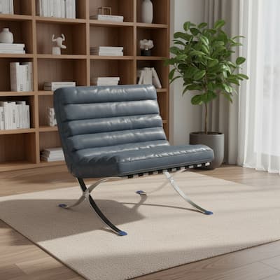 HomeRoots 29" Blue and Silver Tufted Leather and Upholstered Folding Lounge Chair - 29.30 in. x 28.00 in. x 29.30 in.