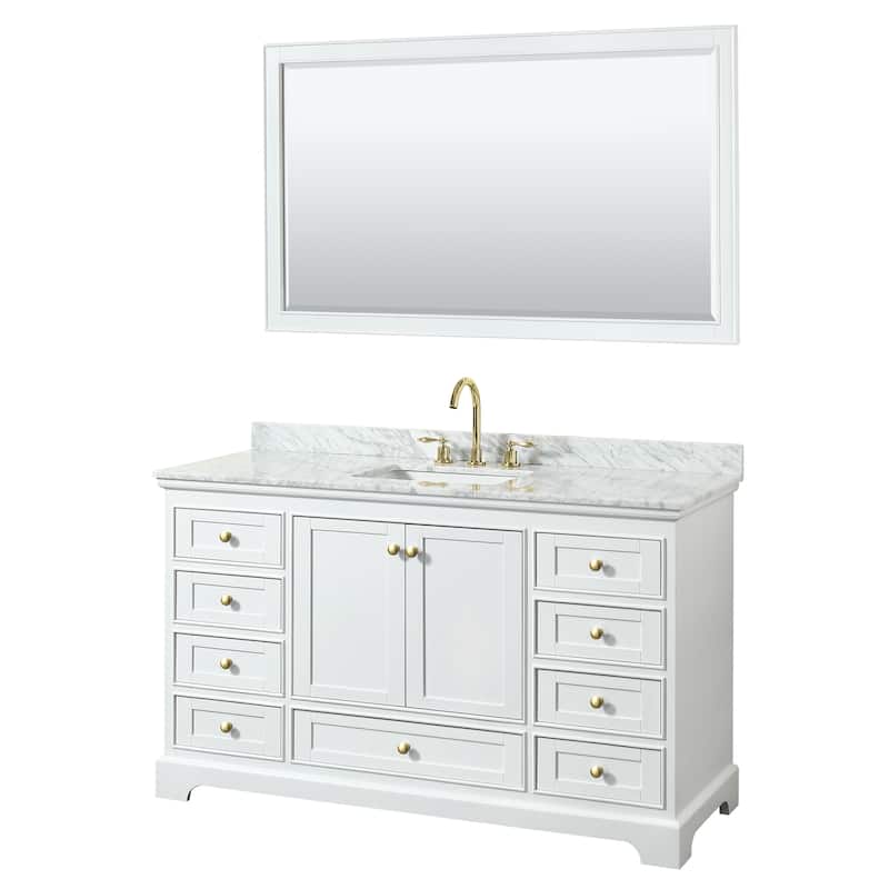 Deborah 60-inch Single Bathroom Vanity, 58-inch Mirror - White, Gold Trim, White Carrara Marble Top