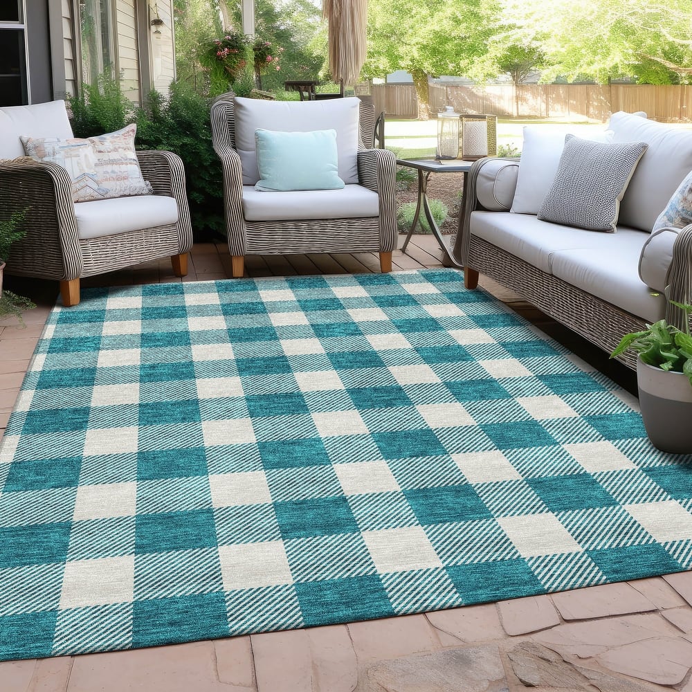 Machine Washable Indoor/ Outdoor Chantille Plaid Rug