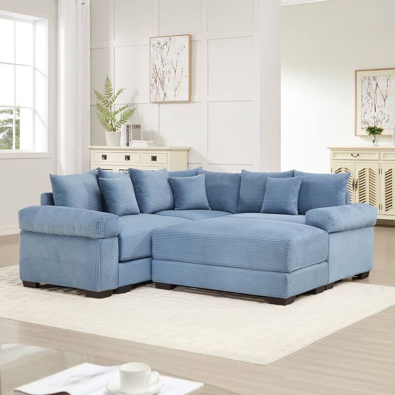 3-Seat Convertible Cloud Corduroy Modular Sofa with 10 Throw Pillows