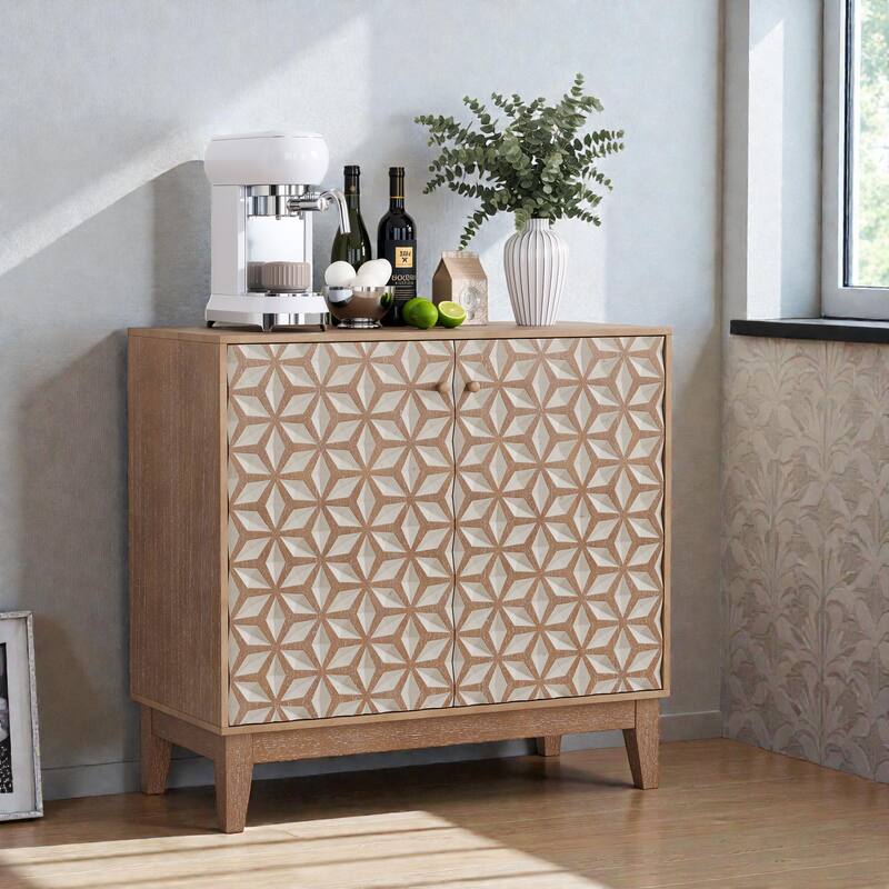 31.5" Geometric Sideboard with 2 Doors and Adjustable Shelves, Rustic Wood Storage Cabinet for Living Room, Kitchen - Walnut