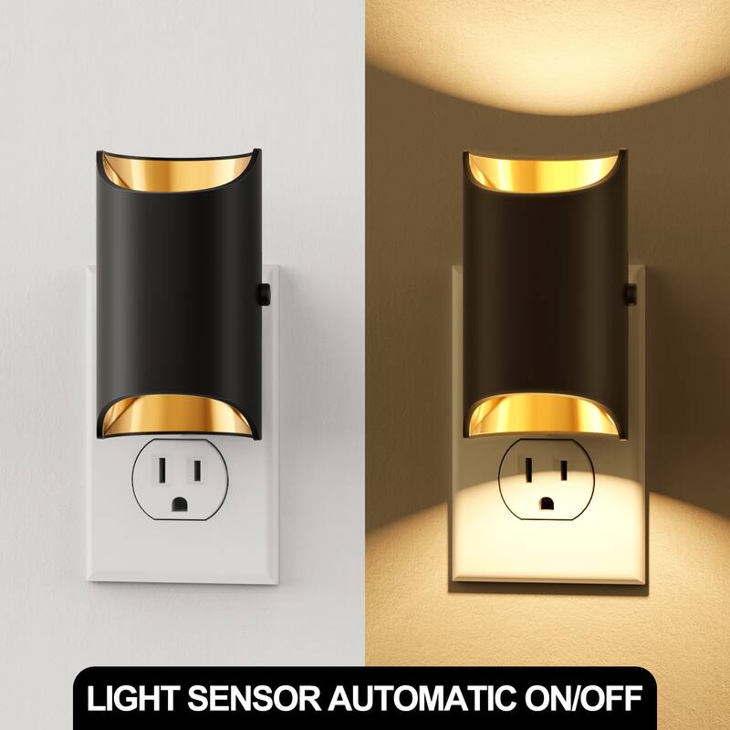 YANSUN Set of 2 Plug-in Dusk-to-Dawn Night Lights, Black Cylinder Wall Lamp, 3000K Warm Light, Sliding Dimmer, US Plug