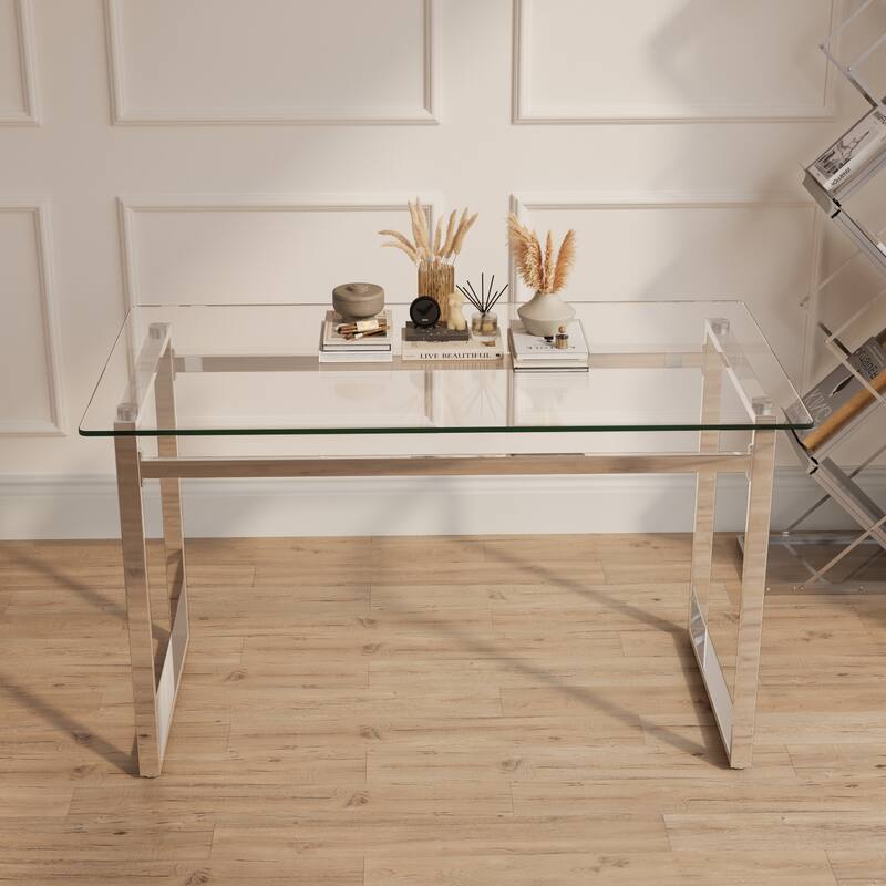 Modern Minimalist Rectangular Glass Dining Table with 0.31" Tempered Glass Tabletop and Silver Chrome Metal Legs - Transparent