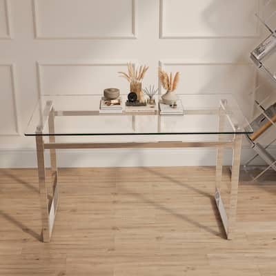Modern Minimalist Rectangular Glass Dining Table with 0.31" Tempered Glass Tabletop and Silver Chrome Metal Legs