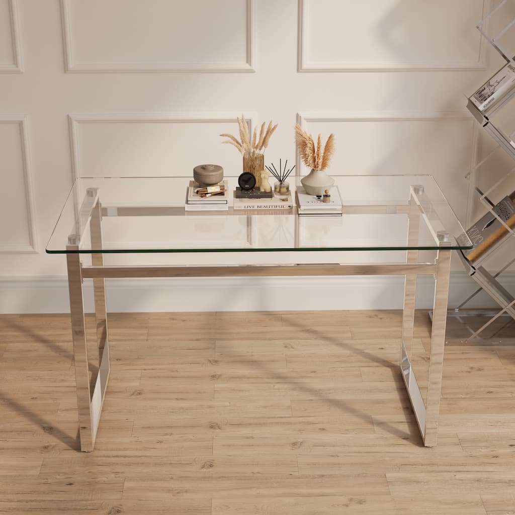 Modern Minimalist Rectangular Glass Dining Table with 0.31" Tempered Glass Tabletop and Silver Chrome Metal Legs