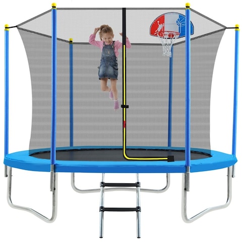 8FT Trampoline for Kids with Safety Enclosure Net, Basketball Hoop and Ladder