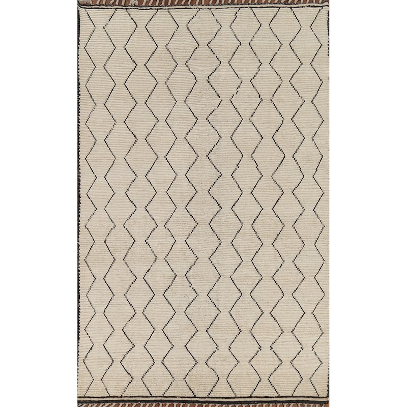All-Over Geometric Ivory Moroccan Area Rug Handmade Wool Carpet - 6'2"x 9'3"