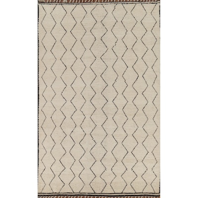 All-Over Geometric Ivory Moroccan Area Rug Handmade Wool Carpet - 6'2"x 9'3"
