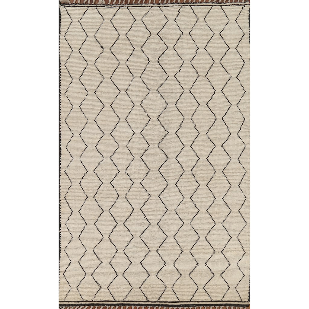 All-Over Geometric Ivory Moroccan Area Rug Handmade Wool Carpet - 6'2"x 9'3"