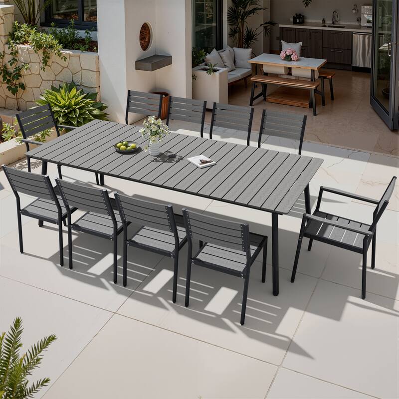 11-Piece Outdoor Patio Dining Set Wood-Like Table Top Alumium Umbrella Hole Table with Stackable Chairs - Grey