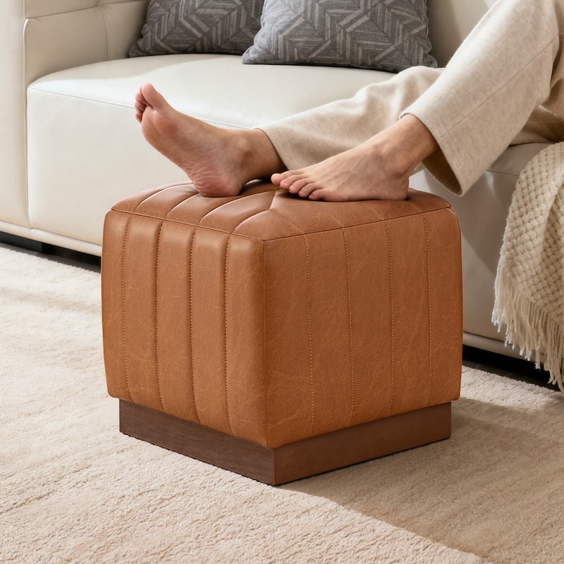 Tufted Square Ottoman Footstool Vanity Stool Sofa Side Table with Acacia Frame - Brown Faux Leather