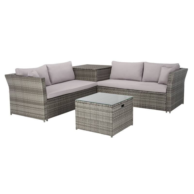 SAFAVIEH Helga Outdoor 4-Piece Conversation Patio Set with Storage - 57"W x 31"D x 26"H