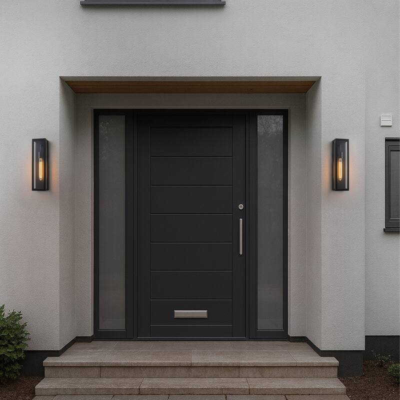 H18" Modern Minimalist Black Outdoor Wall Lantern with Clear Glass Dusk to Dawn Outdoor Exterior Wall Light(2 Pack) - W5"