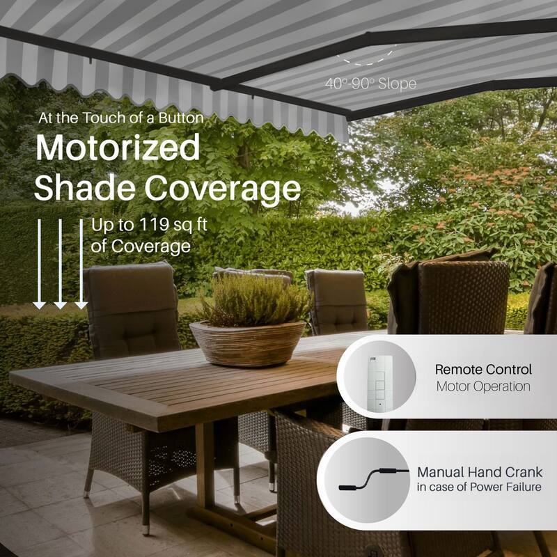 ALEKO Caribbean Motorized Retractable Patio Awning - Black Frame - Seagull Gray & White Striped - 13 x 10 Feet