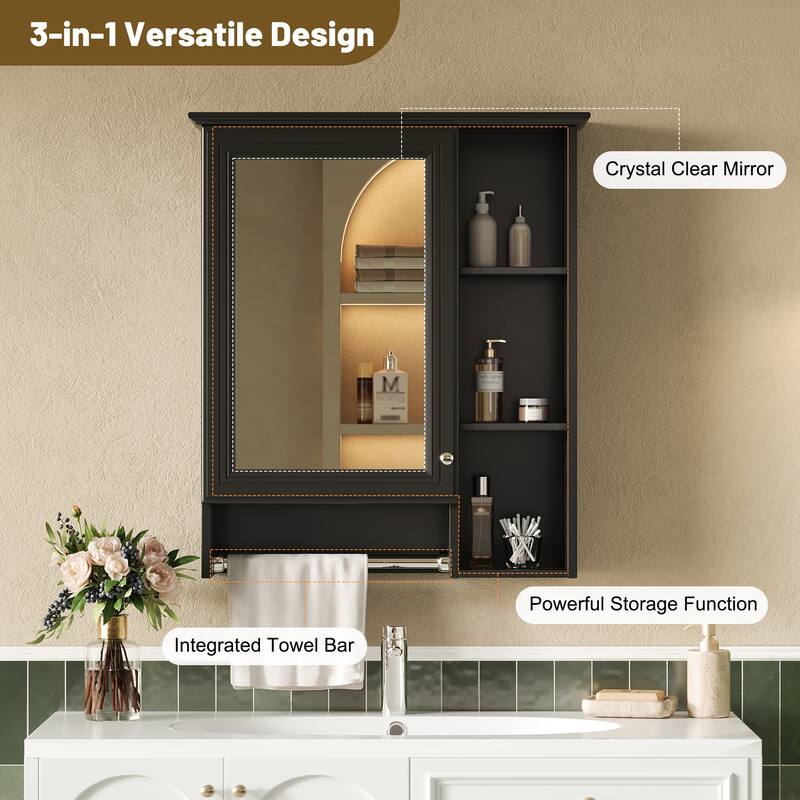 24-inch 3-in-1 Bathroom Mirror Cabinet - Wall Mounted Medicine Cabinet with Adjustable Shelf & Tower Bar, High-Define Mirror