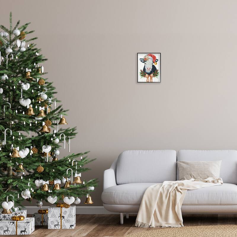 Stupell Festive Cow in Christmas Hat Framed Giclee Art Design By Ashley Justice