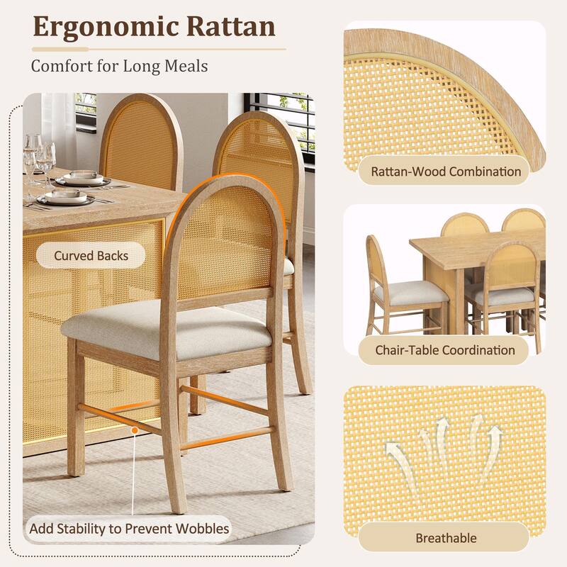 7-Piece Farmhouse Dining Table Set for 6 - 59.8" Rectangular Table with Distressed Oak Veneer & 6 Rattan Chairs