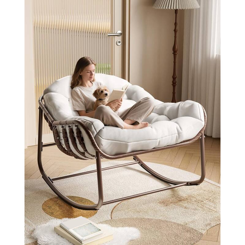 Patio Rocking Chair, Oversized Wicker Lounge Chair with Cushion,Patio Rattan Egg Rocker for Backyard - White