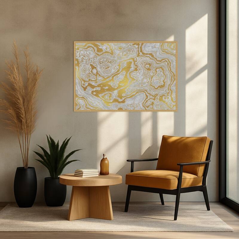 White and Yellow Marble Swirl I by Amini54 Framed Canvas Wall Art Print