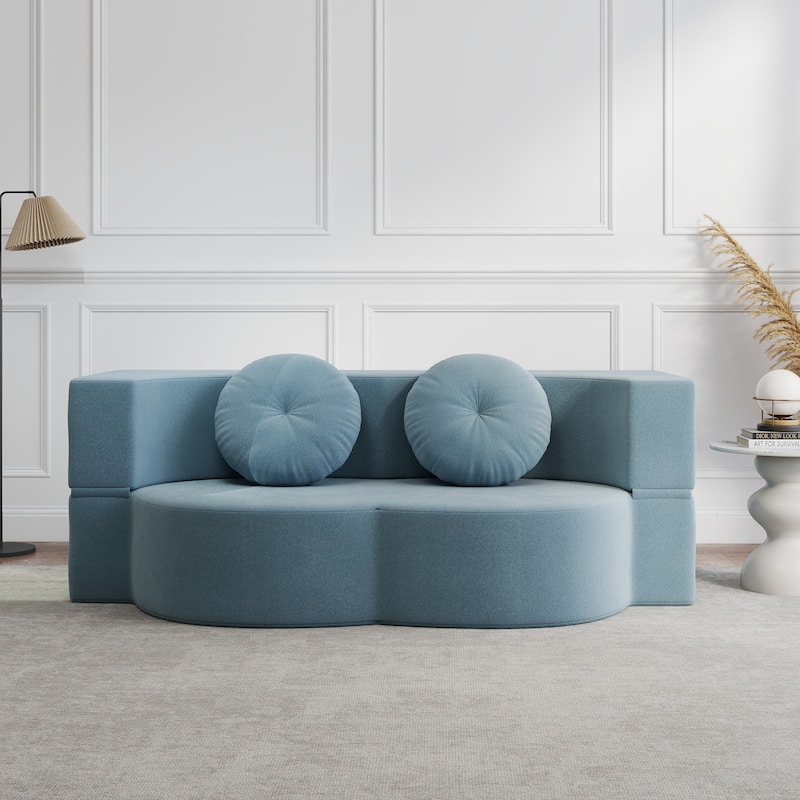 Rossetta Full Size Modern Convertible Plush Polyester Blend Upholstery Foam-Filled Floor Sofa with 2 Pillows - Light Blue