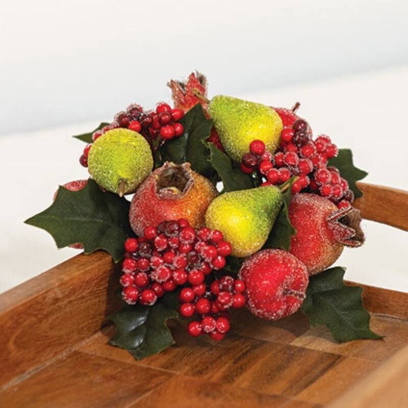 Sugar Glazed Winter Fruit and Holly Taper Ring with Red Berries and Faux Leaves for Christmas Decor - 5”L x 5”W x 2”H