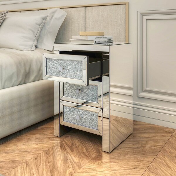 Mirrored Night Stand Bedside Tables,Drawer Crystal Diamond Bedside