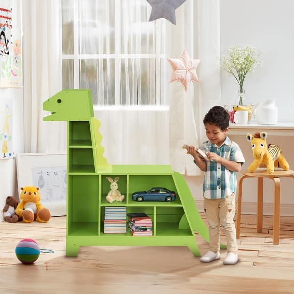 slide 2 of 8, Teamson Kids Dinosaur Shaped Bookcase / Toy Organizer with Assorted Cubbies Green