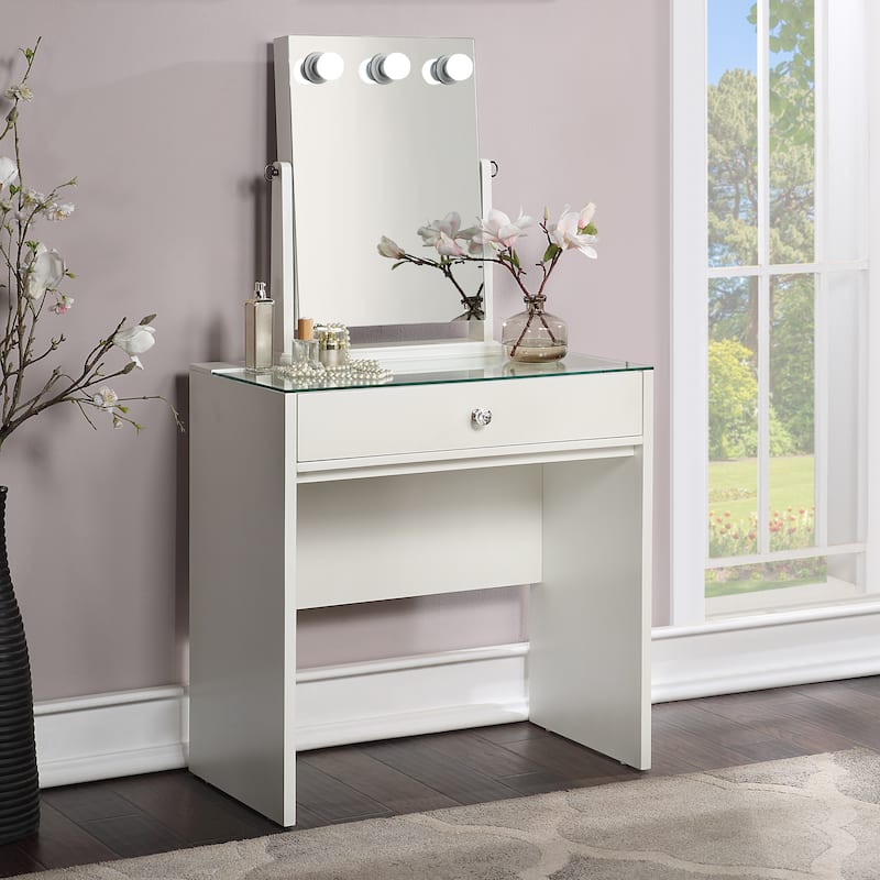 Furniture of America Ubbi Contemporary White Solid Wood Makeup Vanity and Mirror with Bulb Lights