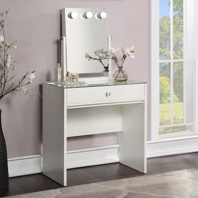 Furniture of America Ubbi Contemporary White Solid Wood Makeup Vanity and Mirror with Bulb Lights
