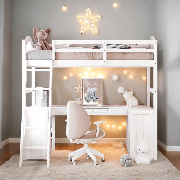 slide 2 of 49, Twin size Loft Bed with Drawers, Cabinet, Shelves and Desk, White White