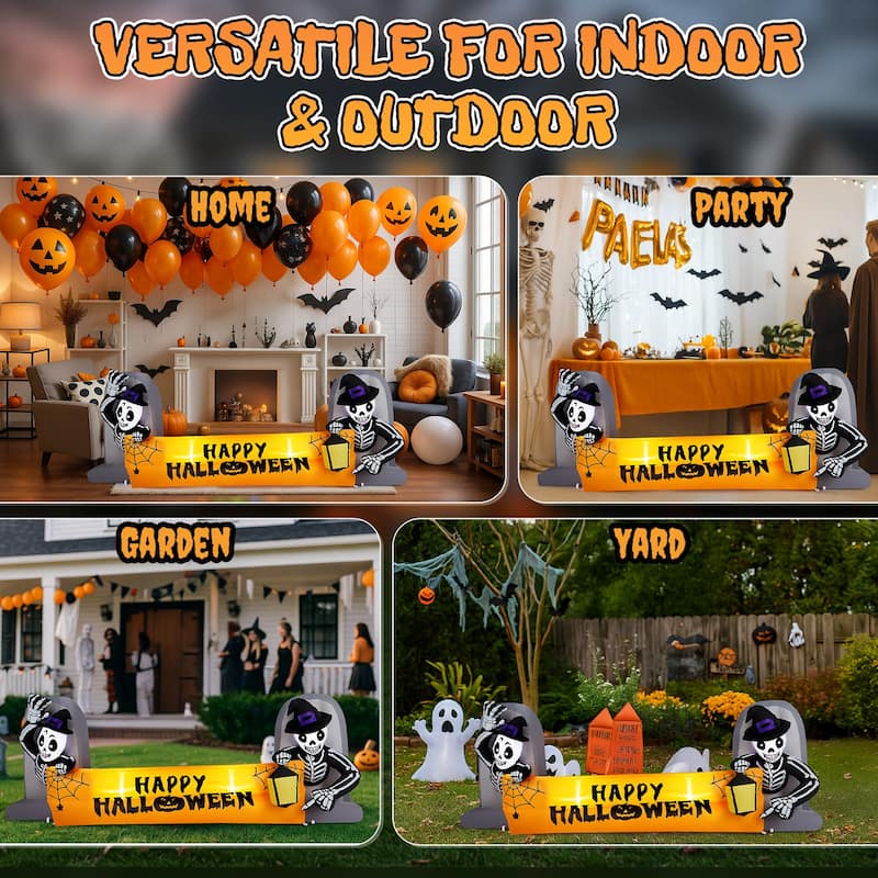 Outdoor Halloween Inflatable Banner 9.6 ft with Glowing LED Skeletons Tombstone Decoration