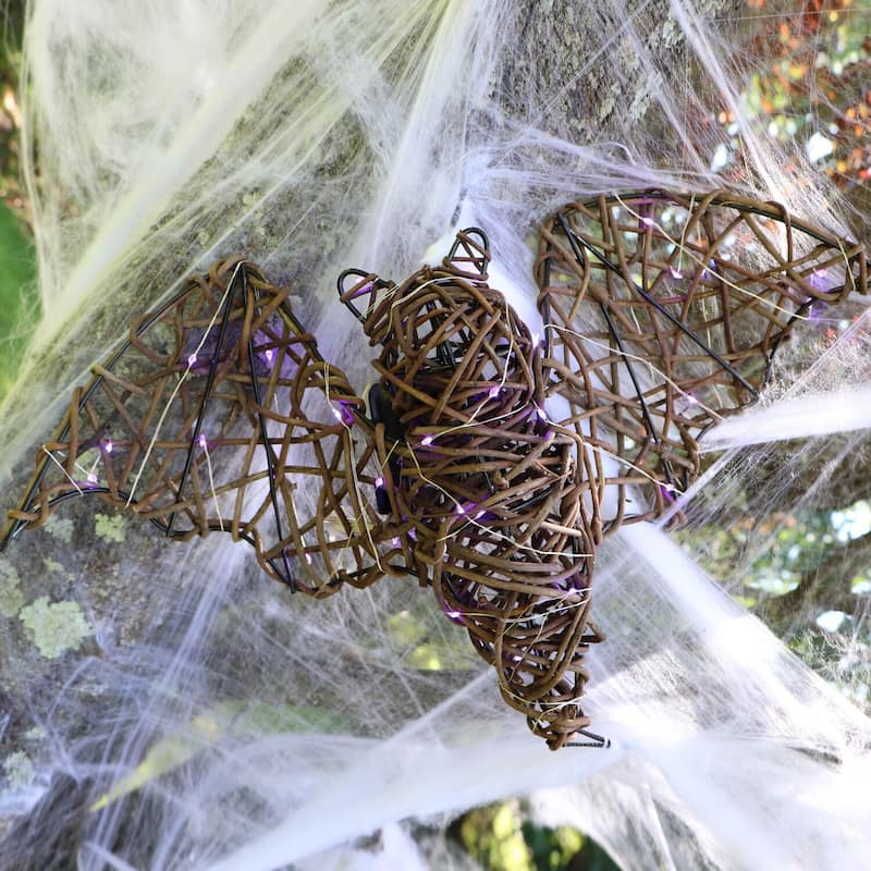Haunted Hill Farm Set of 3 Battery-Operated Rattan Bats with Hanging Loops, Purple Lights, and Timer