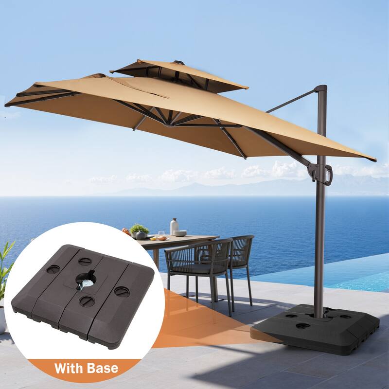 9x11FT Outdoor Patio Dual Top Umbrella Cantilever with Offset Base - Tan