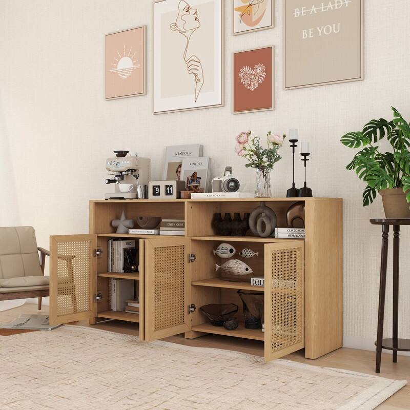 Mid Century Modern 63" Wide 4 - Cane Rattan Door Storage Sideboard with Open Shelf, Wine Bar Credenza for Living Room Entryway